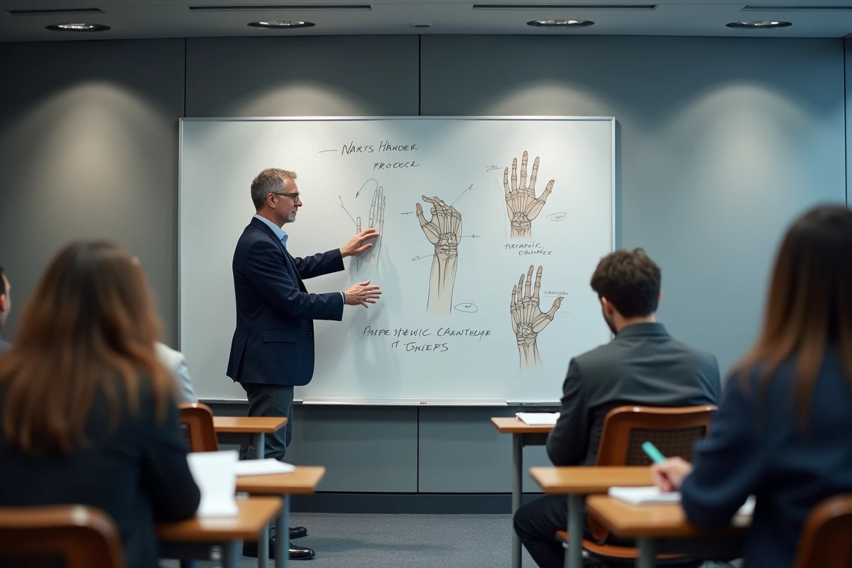 Professeur dispensant un cours théorique d'ergothérapie devant des étudiants en amphithéâtre universitaire