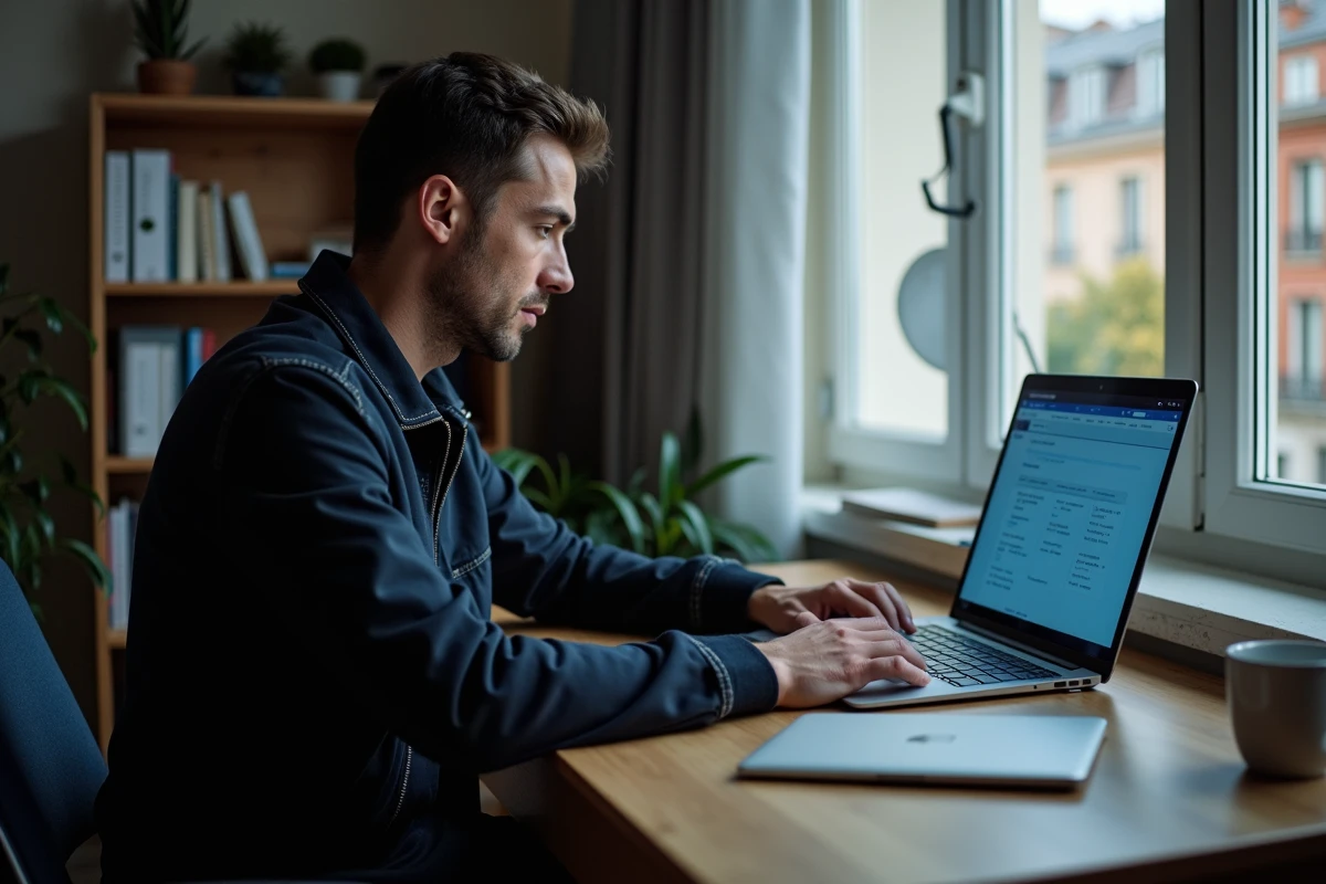 Homme utilisant un ordinateur portable pour accéder aux services en ligne administratifs depuis son domicile à Grenoble
