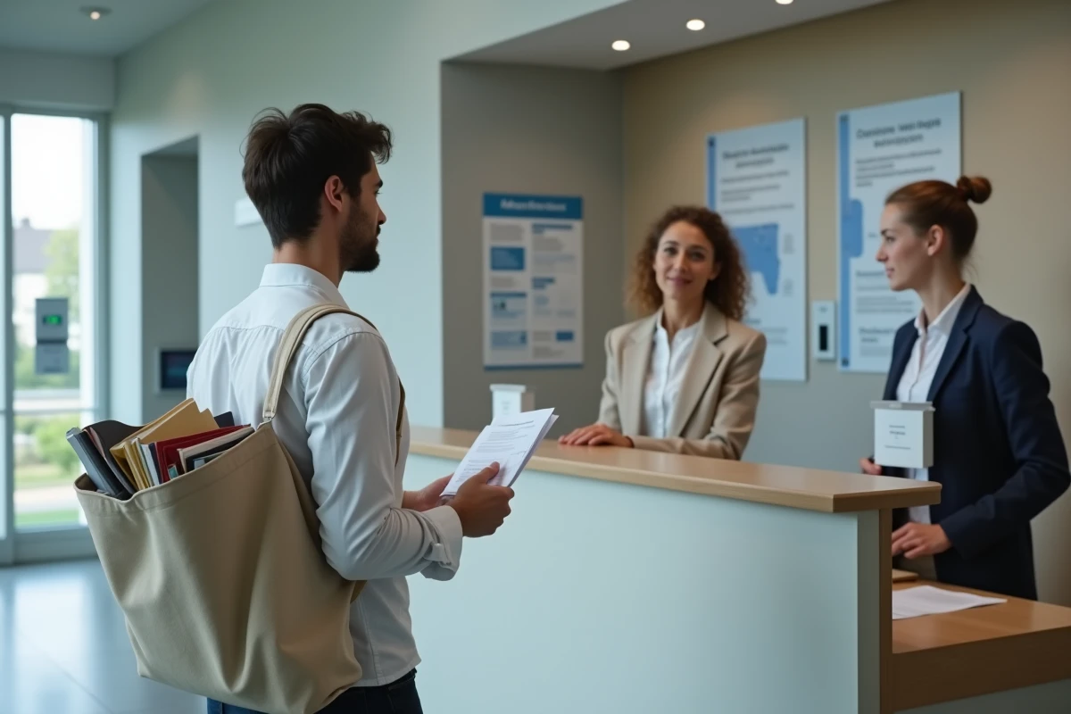 Étudiant déposant son dossier d'inscription au guichet administratif d'une université parisienne