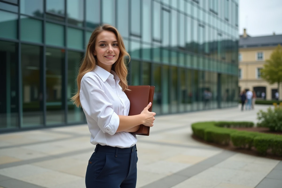 Jeune diplômée devant le bâtiment d'une école de commerce de province en France
