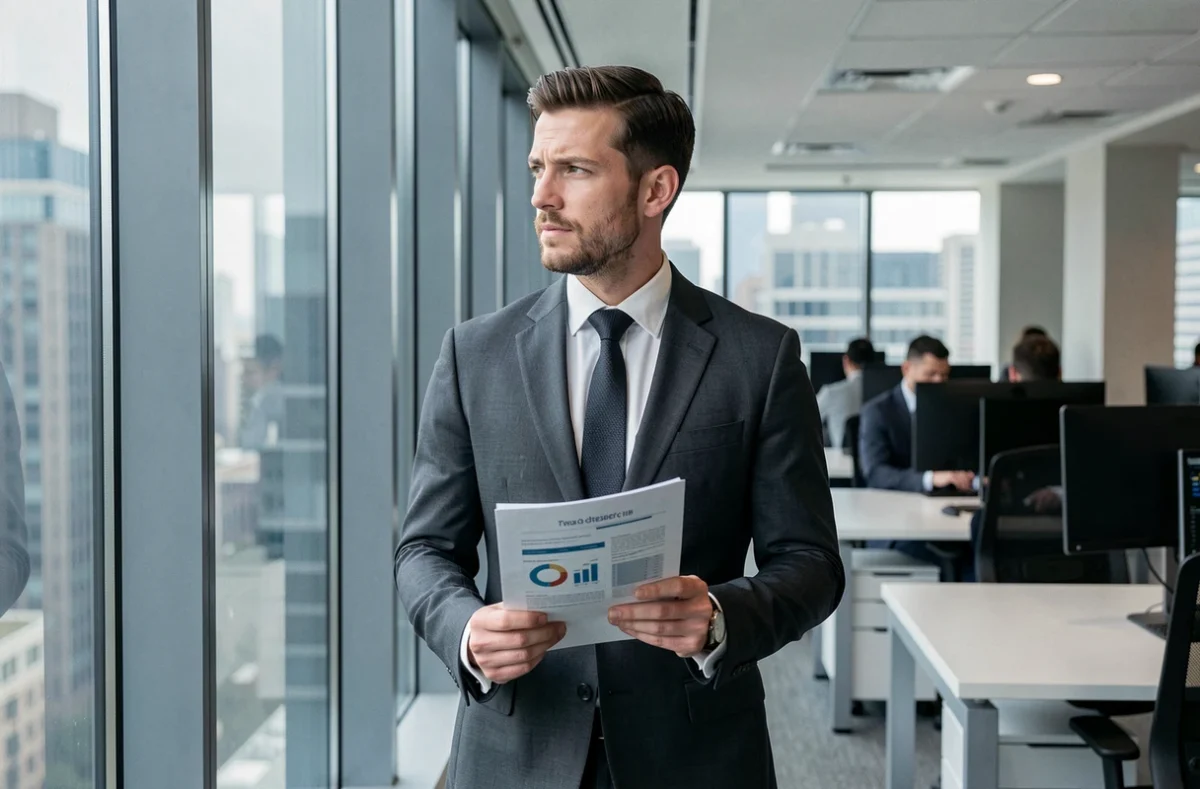 Diplômé du master El Karoui en costume dans un bureau de finance quantitative face aux défis professionnels
