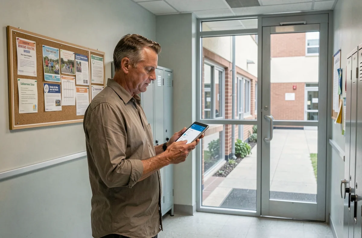 Directeur d'école consultant une plateforme de gestion en ligne sur tablette dans un couloir scolaire