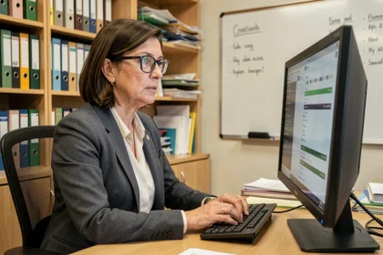 Directrice d'école pilotant son établissement via un tableau de bord numérique sur ordinateur dans son bureau