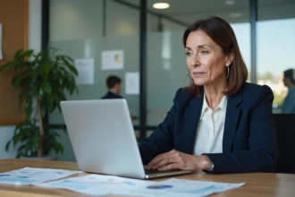 Directrice d'établissement scolaire consultant un tableau de bord numérique de gestion scolaire sur son ordinateur portable dans son bureau