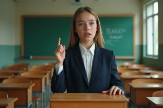 Jeune fille confiante qui prononce un discours de délégué de classe derrière un pupitre en bois dans une salle de classe scolaire