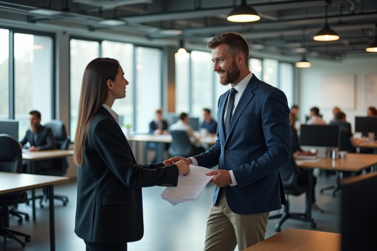 Manager remettant un document de formation à un employé