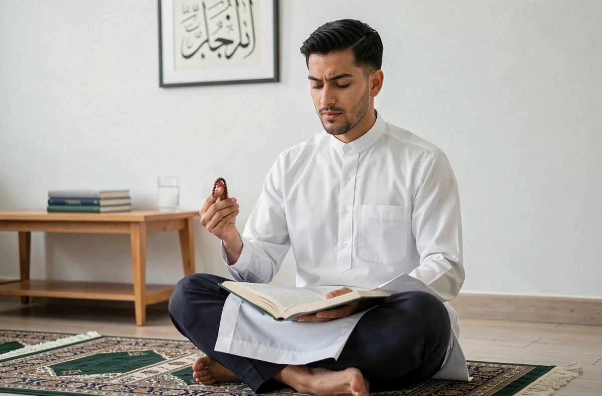 Jeune homme en qamis récitant un dua avec un tasbih tout en révisant pour ses examens dans un salon minimaliste