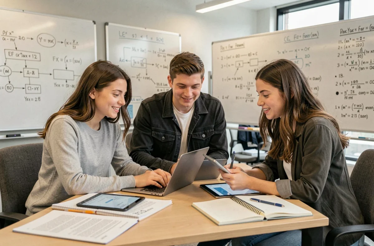 Groupe d'étudiants de l'ECE Paris collaborant sur un projet d'ingénierie autour d'un ordinateur portable dans un espace de travail moderne
