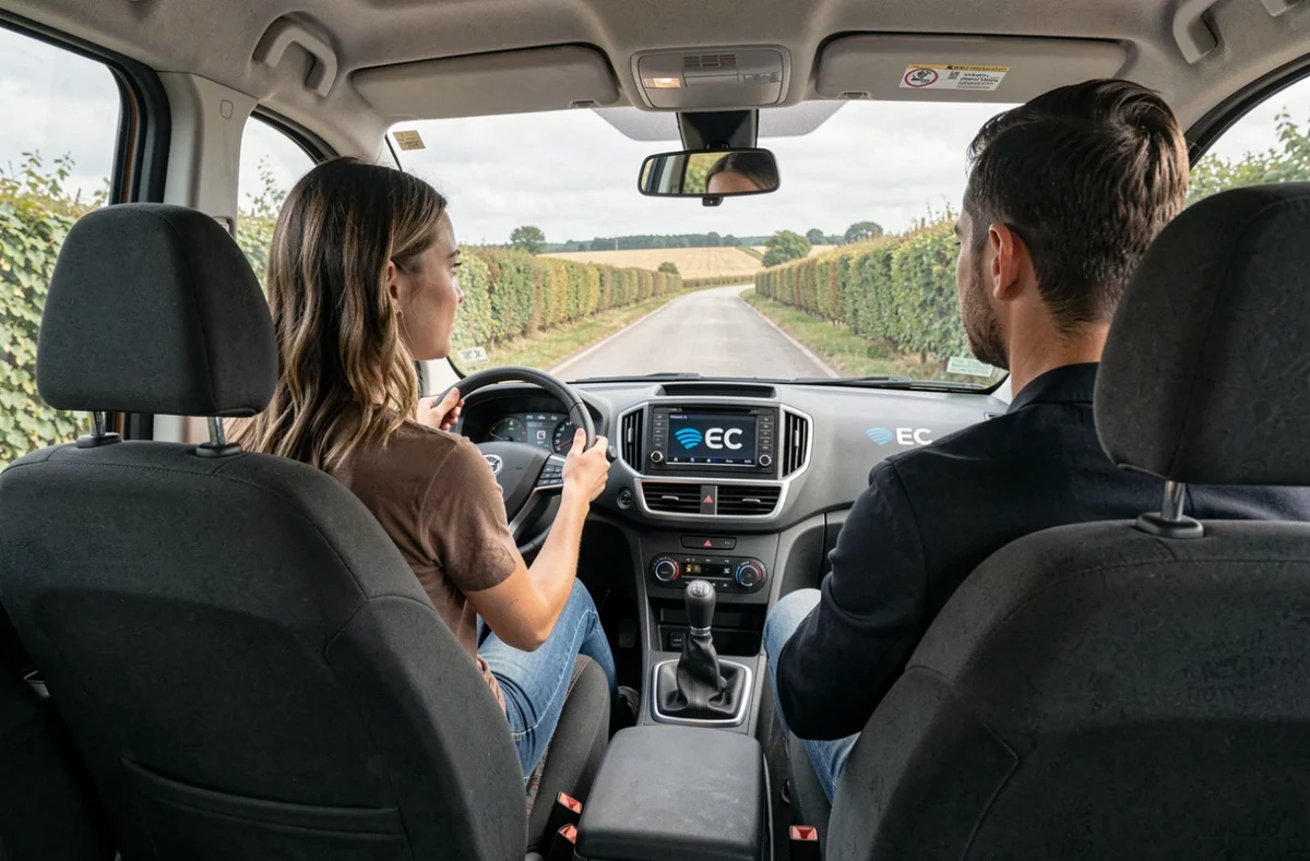 Élève conductrice avec son moniteur ECF Saint-Denis-du-Pin à bord d'un véhicule d'auto-école en Charente-Maritime