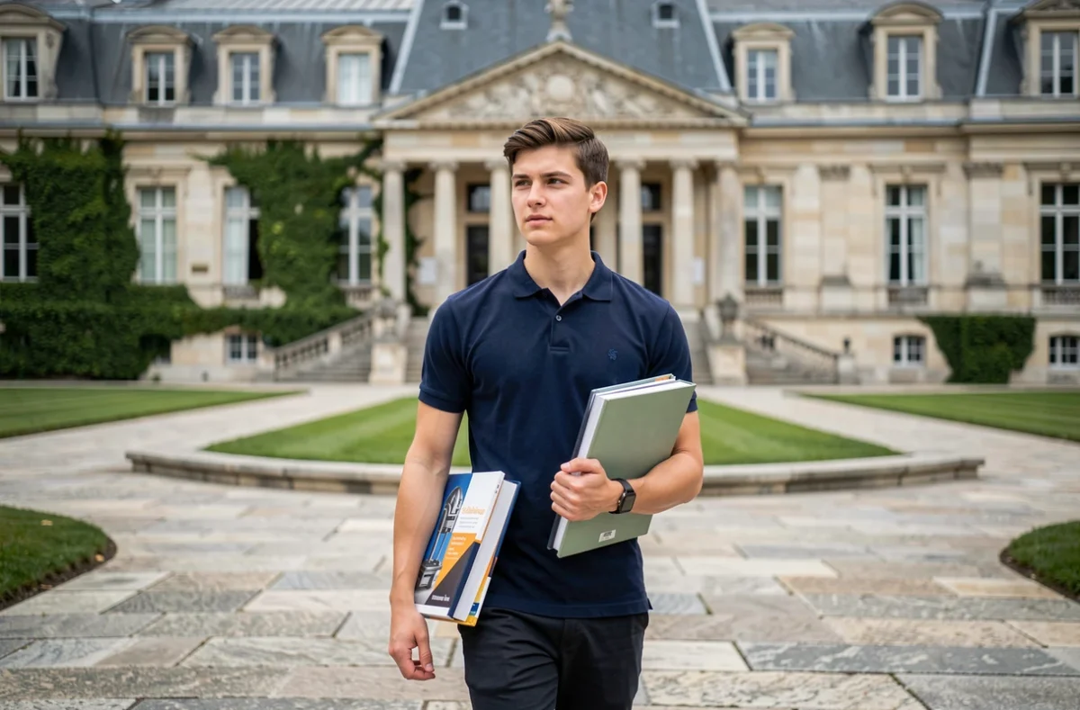 Étudiant marchant dans la cour de l'École Polytechnique à Palaiseau, avec l'architecture néoclassique emblématique de l'établissement en arrière-plan