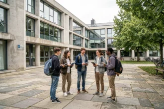 Étudiants en école d'ingénieurs sur un campus d'Île-de-France, illustrant le top 10 des meilleures écoles d'ingénieurs de la région