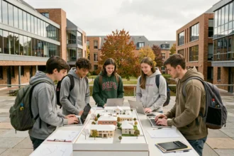 Étudiants en ingénierie réunis sur un campus normand autour d'une maquette architecturale, illustrant les grandes écoles d'ingénieurs de Normandie