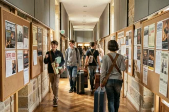 Couloir animé d'une école de musique en Centre-Val de Loire avec des élèves portant des instruments