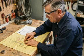 Électricien comparant anciens et nouveaux symboles électriques sur des schémas techniques posés sur un établi d'atelier