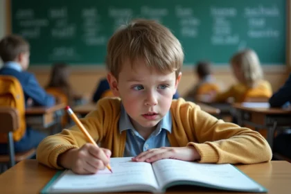 Élève concentré sur un exercice de conjugaison du verbe partir au présent dans un cahier scolaire