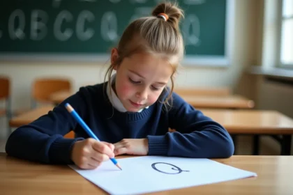 Élève en train de pratiquer l'écriture cursive d'un grand Q majuscule attaché sur du papier ligné en classe