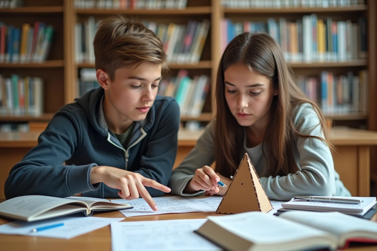 Deux lycéens révisant ensemble le calcul du volume d'une pyramide à base triangulaire à la bibliothèque