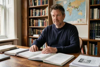 Homme d'affaires studieux assis à un bureau couvert de manuels universitaires et de notes académiques dans un bureau bibliothèque