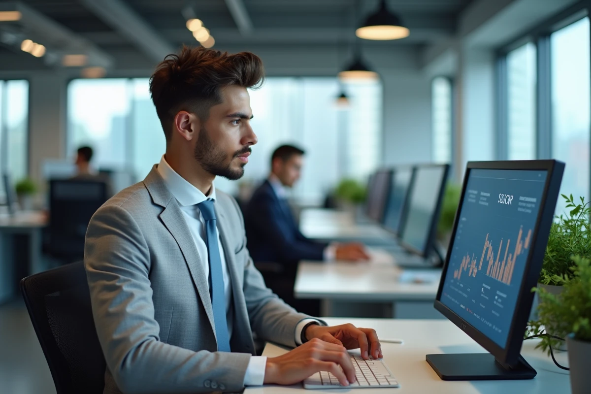 Jeune homme en costume travaillant sur un poste informatique dans un open-space d'une compagnie d'assurance, débouchés professionnels STMG