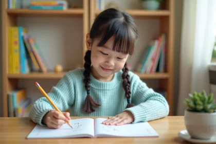 Jeune fille apprenant à écrire des caractères japonais dans un cahier d'exercices à son bureau à la maison