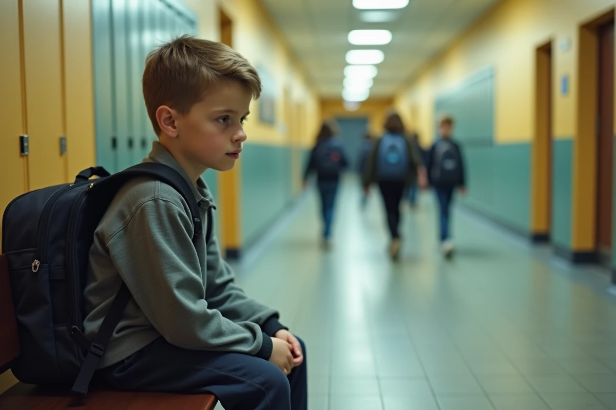 Enfant assis seul dans un couloir d'école en attente d'une décision d'orientation scolaire spécialisée