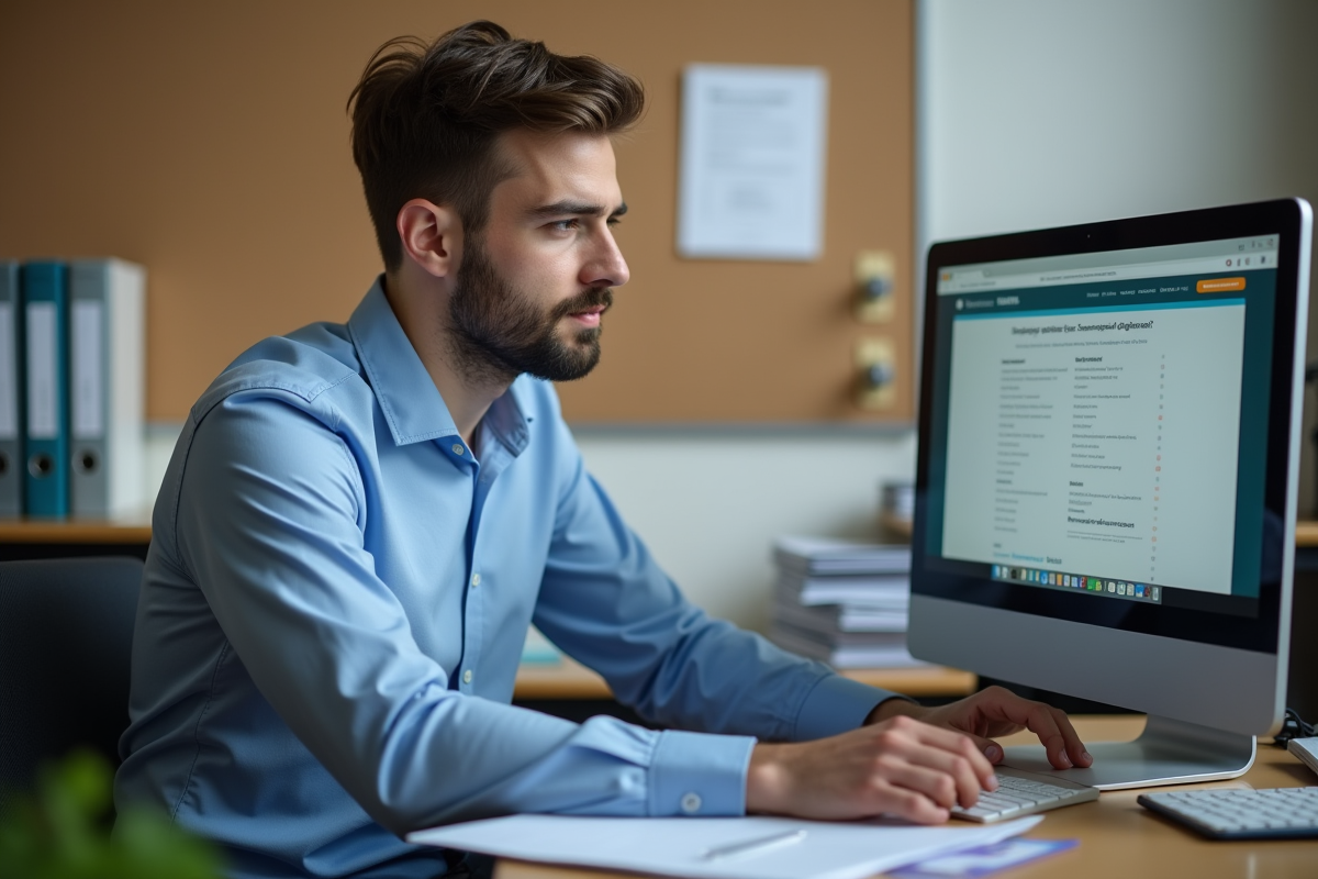 Jeune enseignant regardant un site éducatif sur son ordinateur