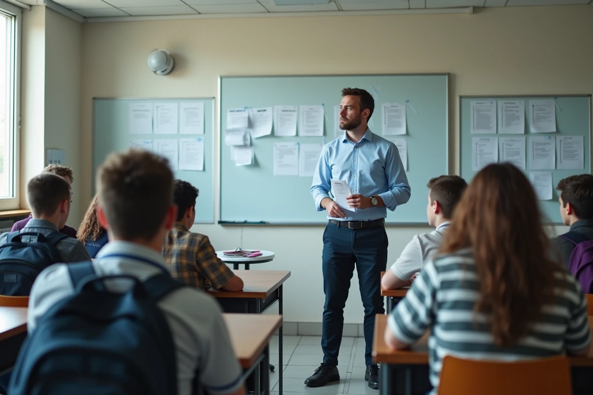 Enseignant présentant le mode d'emploi de l'ENT Charente à ses élèves en salle de classe