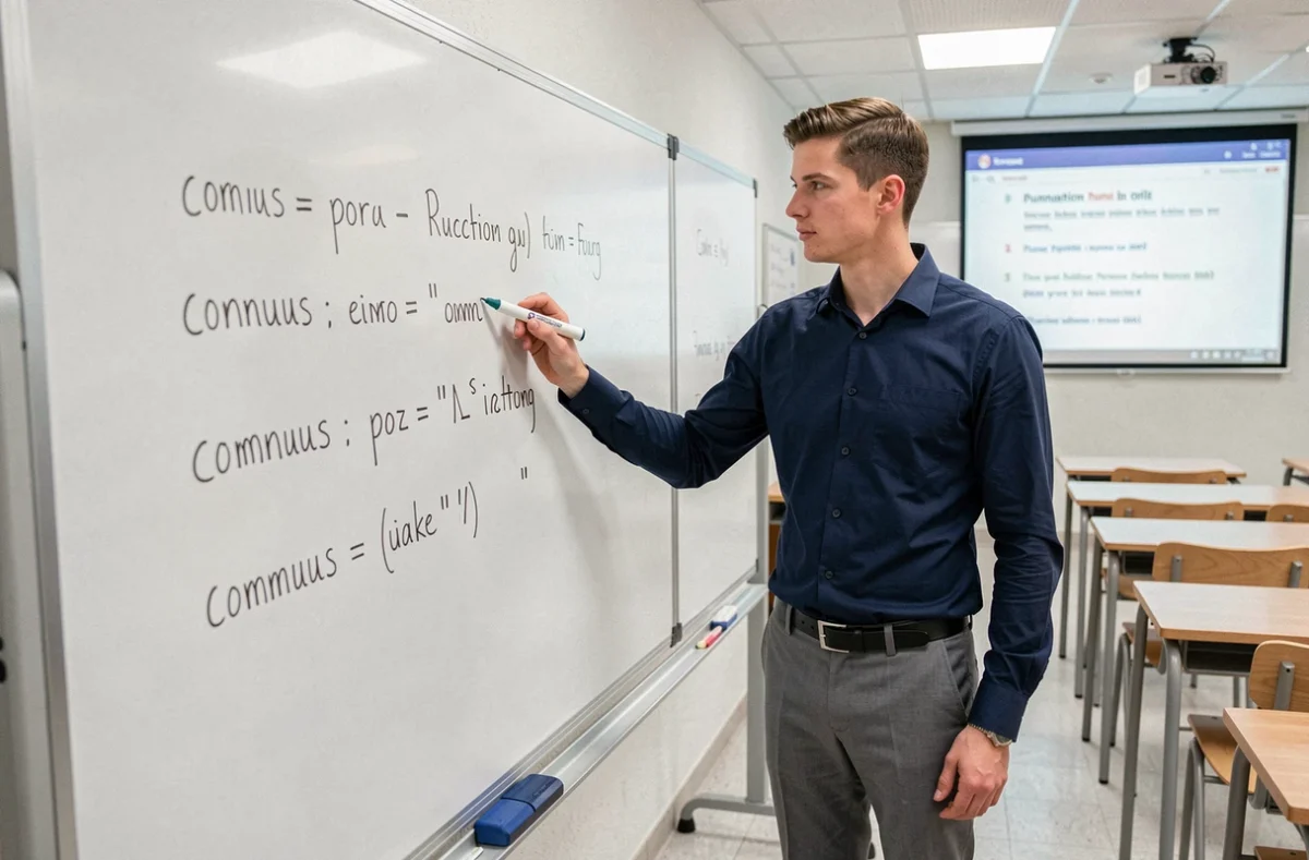 Enseignant expliquant des règles de ponctuation au tableau dans une salle de classe moderne