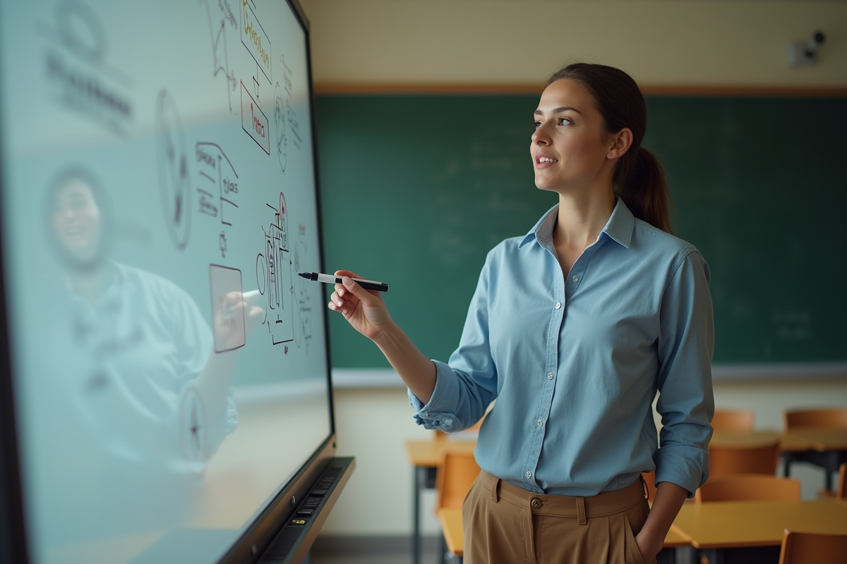 Femme en classe illustrant un concept au tableau blanc