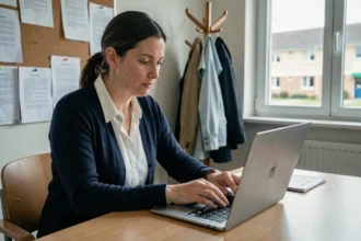 Enseignante consultant sa messagerie académique Toutatice sur un ordinateur portable dans une salle des professeurs