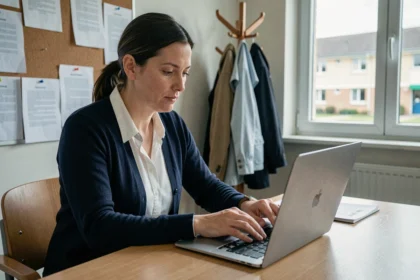 Enseignante consultant sa messagerie académique Toutatice sur un ordinateur portable dans une salle des professeurs