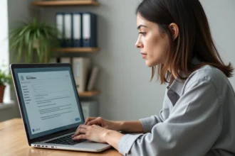Enseignante mettant à jour son dossier administratif sur un portail en ligne type IProf depuis son bureau à domicile