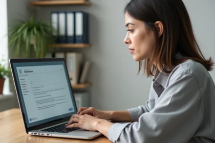 Enseignante mettant à jour son dossier administratif sur un portail en ligne type IProf depuis son bureau à domicile
