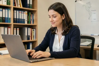 Enseignante utilisant le portail Ecole Direct sur son ordinateur portable dans la salle des professeurs