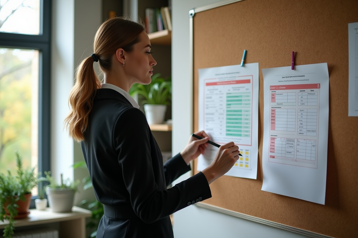 Enseignante vérifiant un plan de leçon dans son bureau