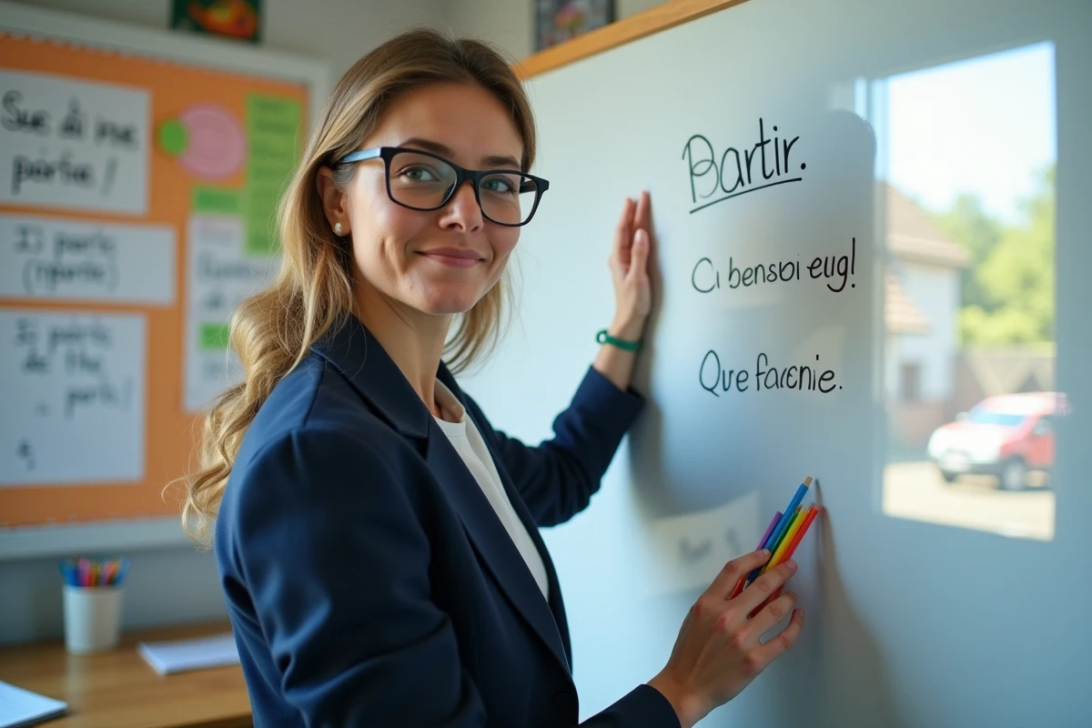 Enseignante expliquant la conjugaison du verbe partir au présent au tableau blanc en classe de français