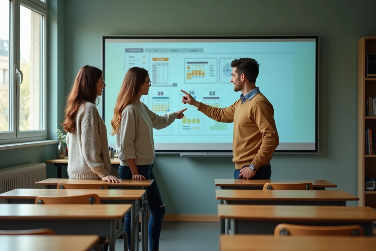 Trois enseignants collaborant autour d'un écran interactif affichant une plateforme de gestion scolaire numérique dans une salle de classe