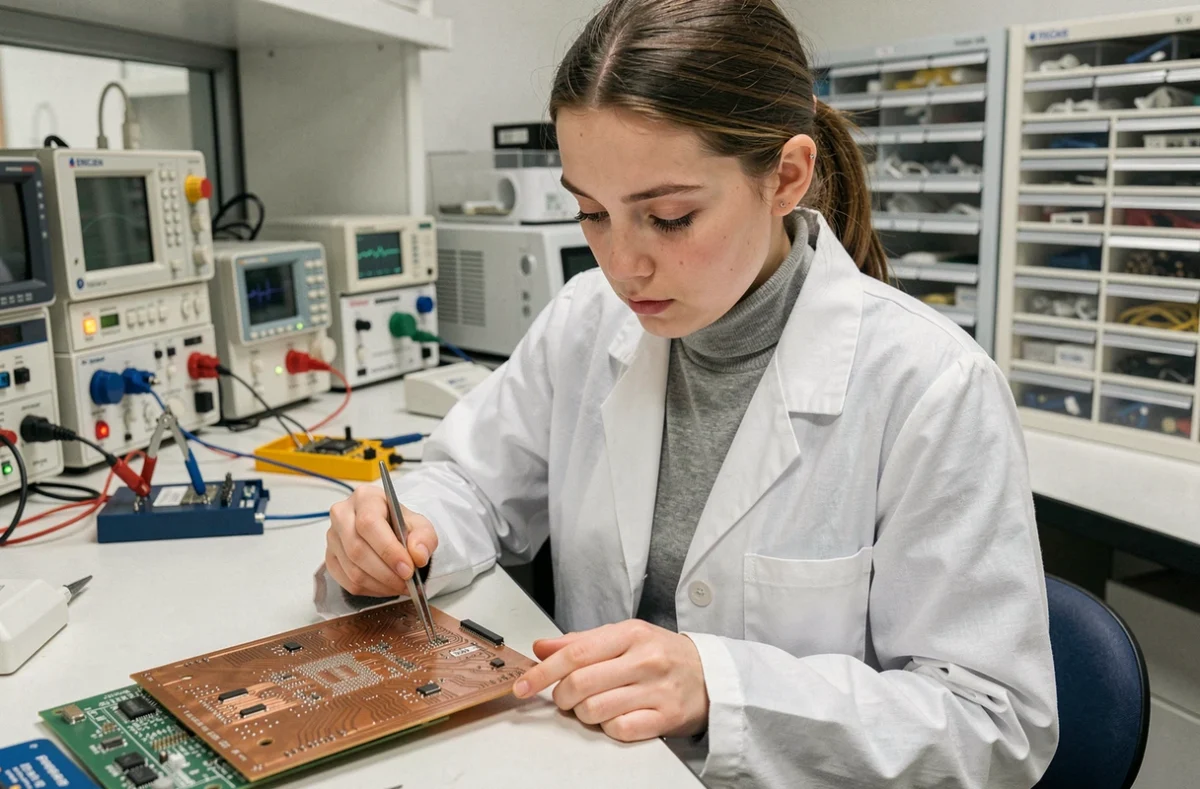 Étudiante en ingénierie examinant un circuit électronique dans un laboratoire de l'ENSICAEN à Caen, spécialisée en électronique et matériaux