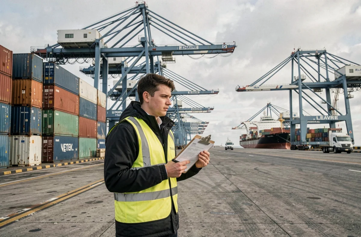 Étudiant en ingénierie logistique portuaire observant les opérations sur le port du Havre, ENSIP ISEL Le Havre