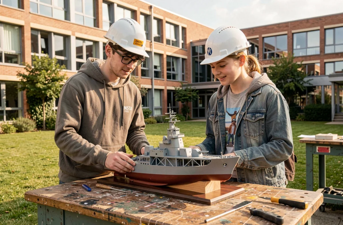 Étudiants d'ENSTA Paris examinant une maquette technique de structure navale ou aérospatiale sur le campus de Palaiseau