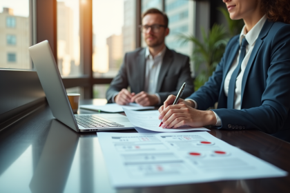 Deux entrepreneurs discutant à un bureau moderne avec documents officiels