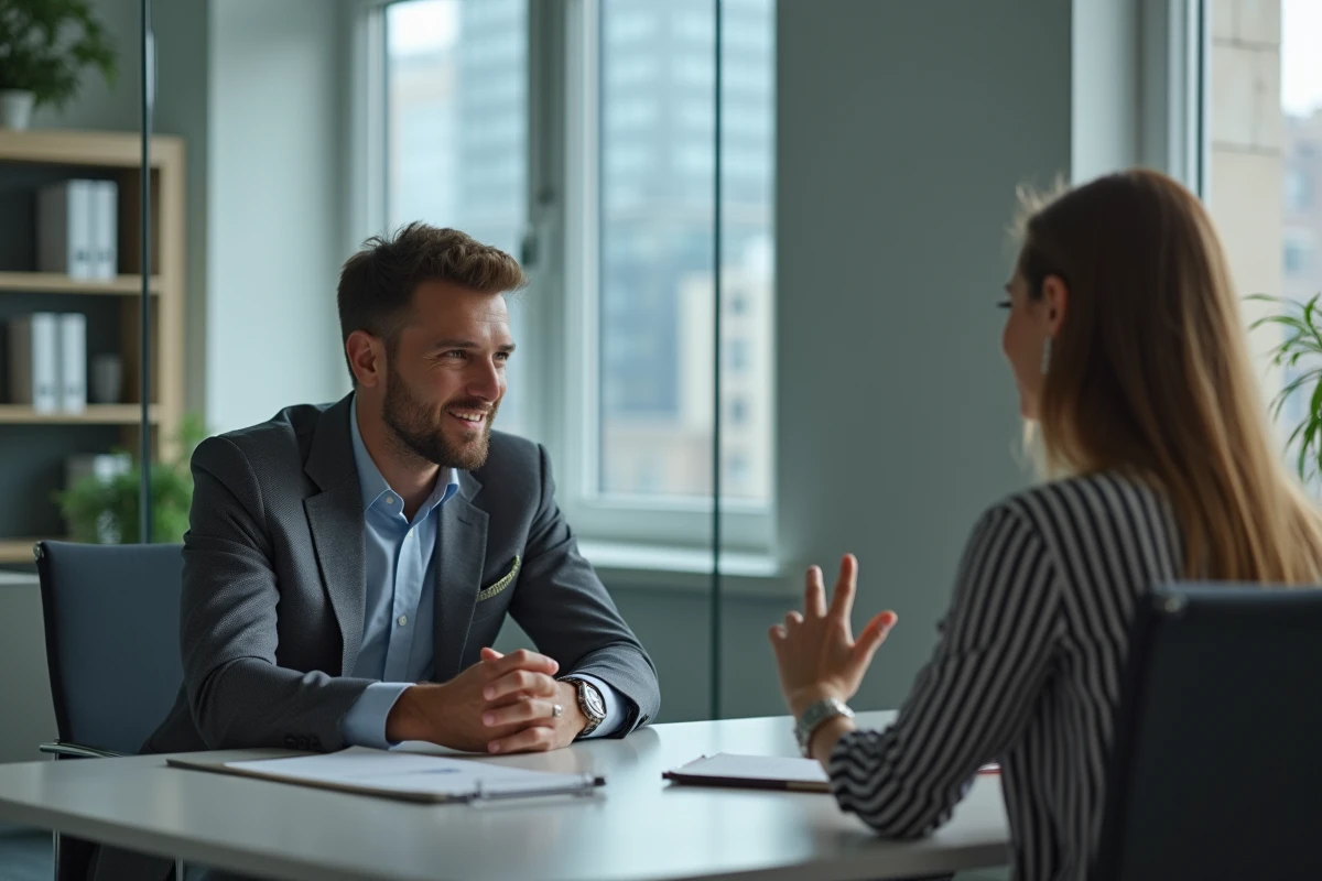 Homme en discussion avec une coach dans une salle de réunion