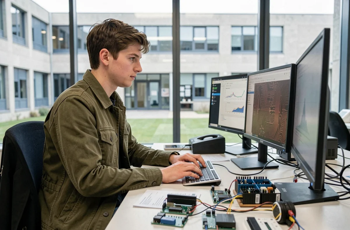 Étudiant d'ESIEE Paris programmant sur un poste de travail entouré de prototypes électroniques et de cartes IoT dans un laboratoire de recherche moderne