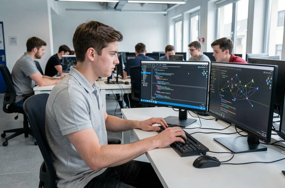 Étudiant travaillant sur un poste de développement informatique dans les locaux de l'ESIGELEC Rouen, école en technologies numériques