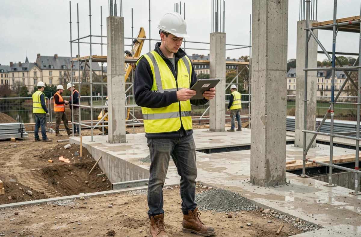Étudiant de l'ESITC Caen sur un chantier de construction en Normandie, école d'ingénieurs spécialisée dans le génie civil