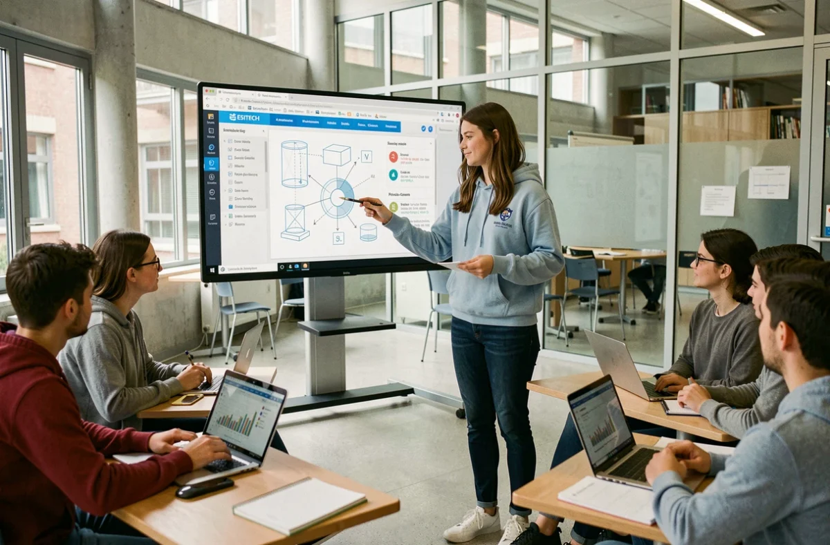 Étudiante présentant un projet technique dans un espace pédagogique moderne de l'ESITECH, cursus intégré de l'Université de Rouen