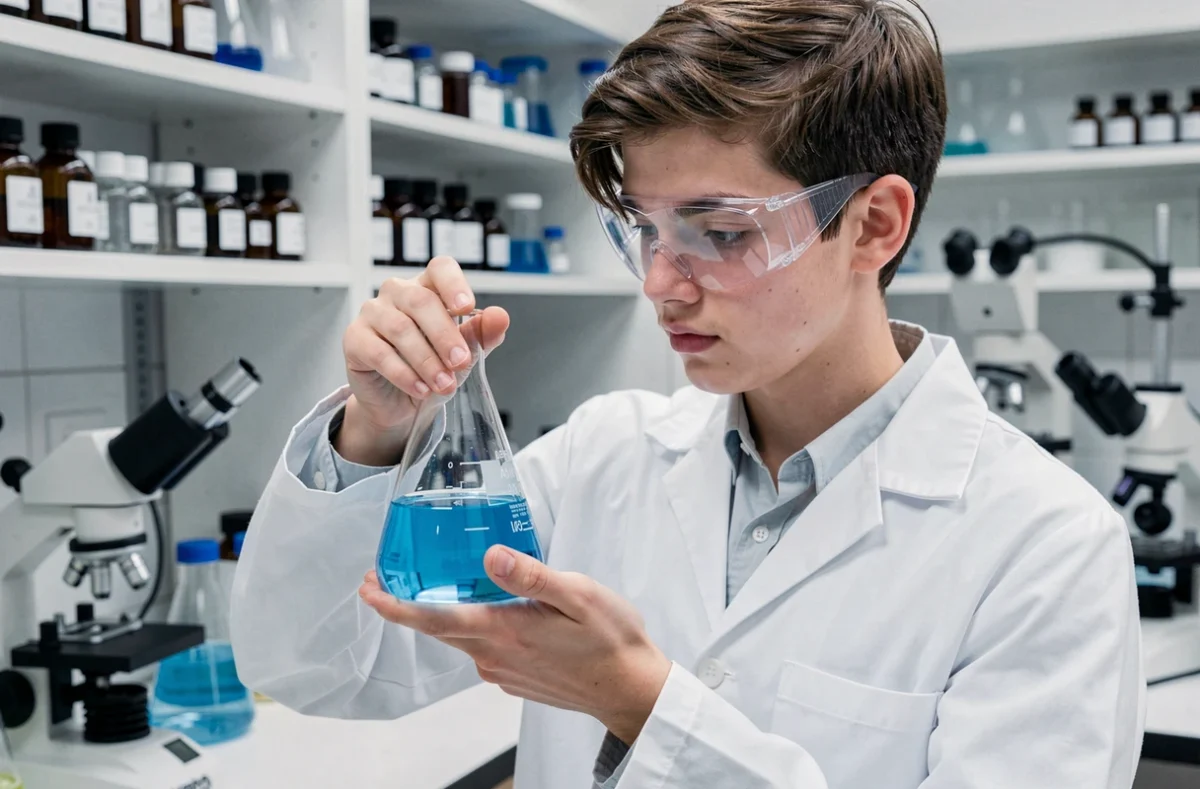 Chercheur en blouse blanche manipulant de la verrerie dans un laboratoire de chimie et physique d'ESPCI Paris - PSL