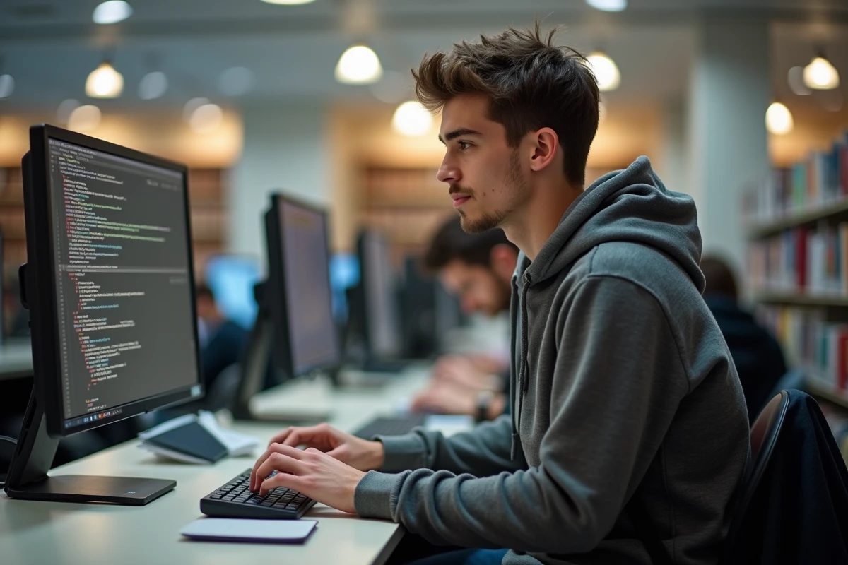 Etudiant étudiant à la bibliothèque travaillant sur ordinateur