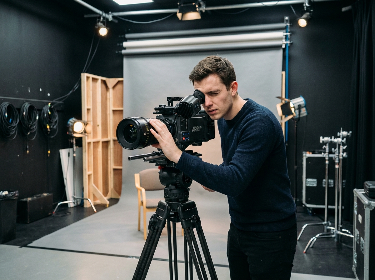 Jeune étudiant en cinéma derrière une caméra professionnelle dans un studio de tournage universitaire