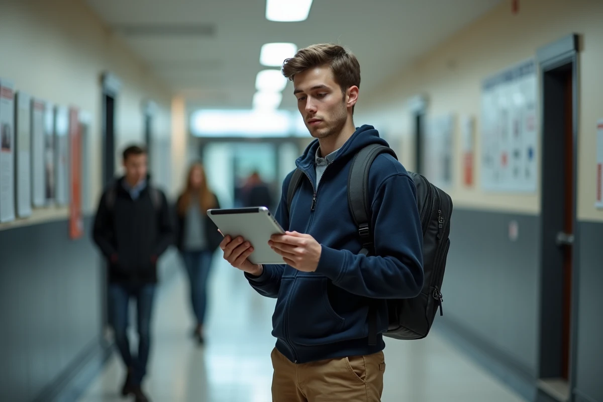 Étudiant consultant un ENT classique sur tablette dans un couloir universitaire